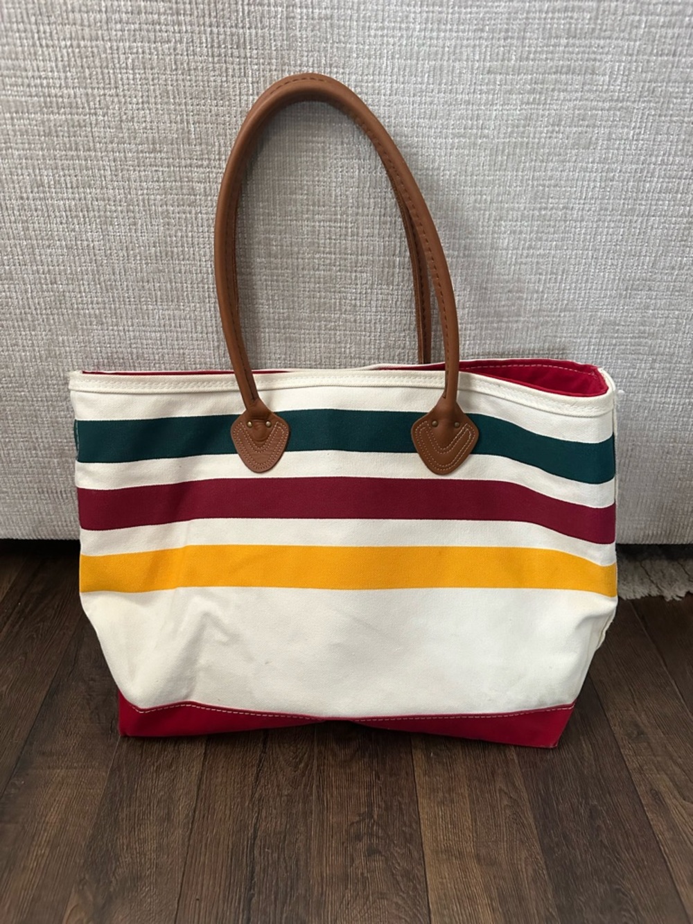 L.L. Bean Canvas Tote with Green, Burgundy, Yellow & Cream Stripes